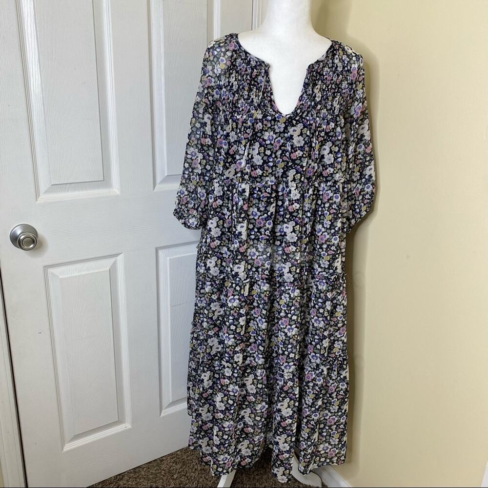 In Loom Floral Tiered Long Sleeve Midi Dress Black S